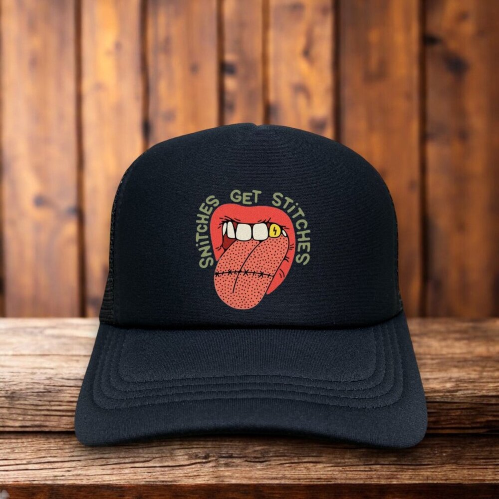 Snitches Get Stitches Mens Trucker Hat Black Snapback Police Funny Meme Ball Cap